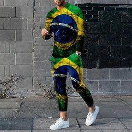 Chándales para hombre, conjunto de manga larga con estampado 3D, ropa deportiva con bandera de Brasil/Francia/España, pantalones, ropa de 2 piezas