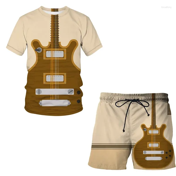 Spares para hombres Camiseta de guitarra de instrumentos con instrumentos impresos en 3D Shorts Set Sportswear Situit o Neck Sorthing Traje de ropa de manga corta