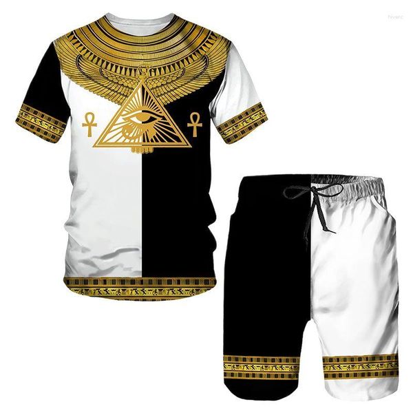 Chándales de hombre Impresión 3D Antiguo Horus Dios egipcio Ojo de Egipto Faraón Anubis Cara Camiseta Conjuntos de moda con pantalones cortos Chándal 2 P