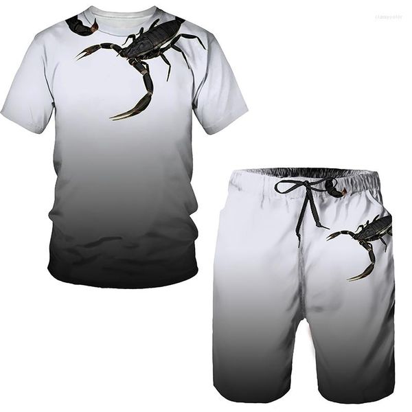 Chándales para hombre, conjunto de ropa deportiva con estampado de escorpión 3D para hombre, camiseta informal de verano con cuello redondo, pantalones cortos, ropa de hombre de tendencia de 2 piezas de gran tamaño