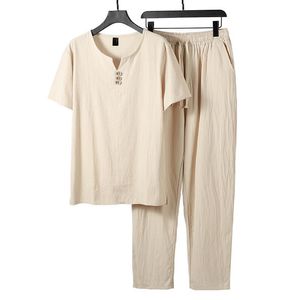 Survêtements pour hommes 9XL grande taille vêtements Vintage survêtement 2023 été printemps maison costume lin t-shirt décontracté mâle ensemble Style chinois