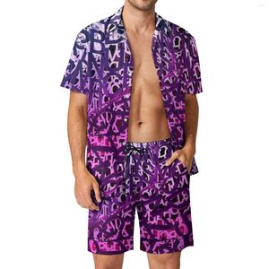Chándales para hombres Carta abstracta Playa Conjuntos para hombres Degradado púrpura Camisa casual Conjunto Pantalones cortos gráficos de verano Traje de moda de dos piezas Tamaño grande