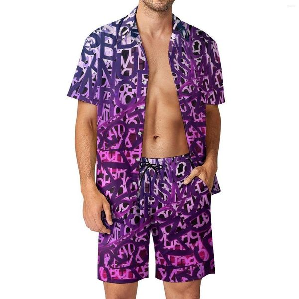 Chándales para hombres Carta abstracta Playa Conjuntos para hombres Degradado púrpura Camisa casual Conjunto Pantalones cortos gráficos de verano Traje de moda de dos piezas Tamaño grande