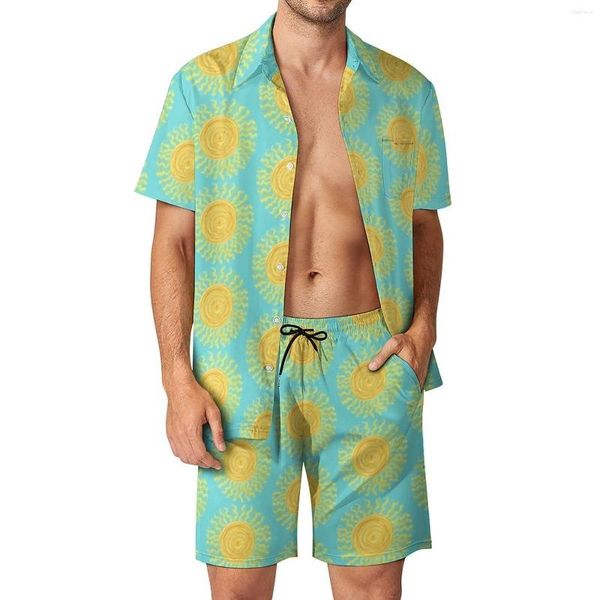 Chándales para hombres Conjuntos para hombres con estampado de sol abstracto Patrón de sol Pantalones cortos casuales Conjunto de camisa de vacaciones Traje divertido de verano Manga corta de gran tamaño