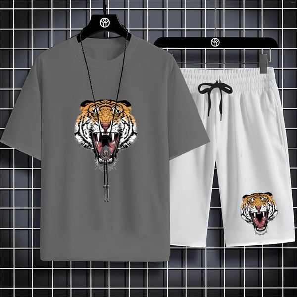 Chándales para hombres Conjunto de ropa deportiva de verano con estampado de tigre para adultos Moda simple Fresco Súper suelto Deportes al aire libre Adecuado para mostrar el encanto masculino