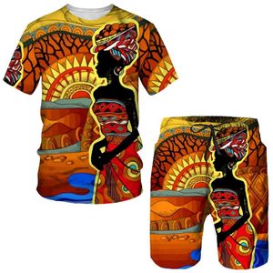 Survêtements pour hommes Impression 3D africaine Ensemble de deux pièces pour hommes Style ethnique Couple Streetwear Tenues Été T-shirt / Short / Costume Casual Folk Trac