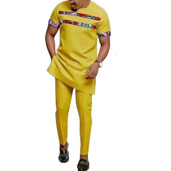 Survêtements pour hommes Mode Africaine Jaune Ensemble Tenues Hauts À Manches Courtes Patch Pantalon Nigérian Imprimer Mâle Pantalon Costumes Party Wear Personnalisé 230724