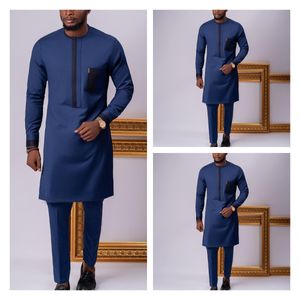 Survêtements pour hommes Hommes africains Ensemble ras du cou Gentleman chemise longue et pantalon décontracté social deux pièces vêtements de fête de mariage hommes vêtements costumes 230506