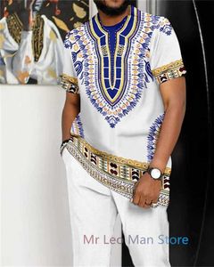 Parcours masculins African Mens Set Summer Design Design Tracksuit Canters 2 Pieds 3D Imprimé Slve T-shirt + Pantalon long Strtwear Clothing masculin T240505