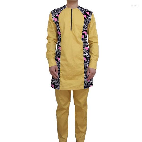 Survêtements pour hommes Chemises patchwork africaines avec pantalons solides Coton jaune Manches longues Ensembles pour hommes sur mesure costume de marié de la mode nigériane