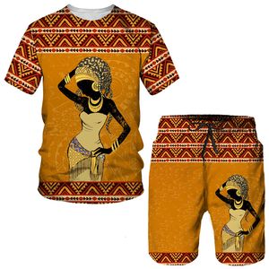 Tracksuits voor heren African Print Men's Two-Piece Set Ethnic Style Couple Streetwear Outfits Summer T-shirt/shorts/pak Casual Folk-Custom TrackSuit 230421