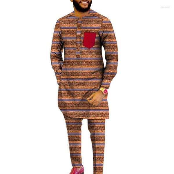 Chándales de hombre Estampado africano Conjuntos de hombres Camisa Pantalones de cintura elástica Tops de moda nigeriana con bolsillo de pecho rojo Trajes de fiesta de boda