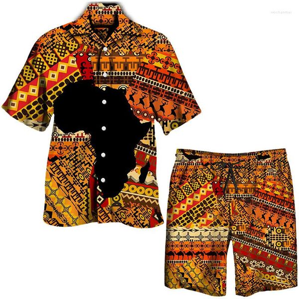 Chándales para hombre, serie de tótem con estampado africano, conjunto hawaiano para hombre, camisa informal de manga corta con solapa/pantalones cortos de playa/traje de estilo étnico de verano