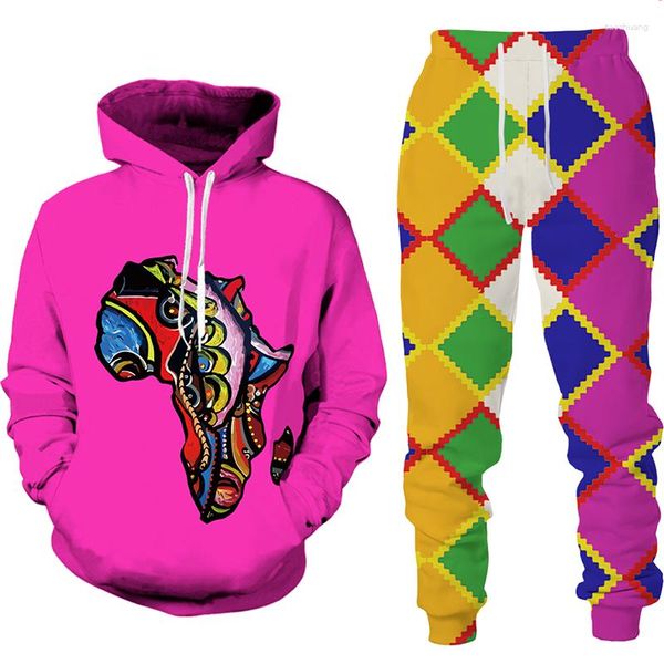 Saisissures masculines Style africain 3D Print Tracksuis de survêtement Sweat à capuche décontracté et pantalon 2pcs Pullover surdimension