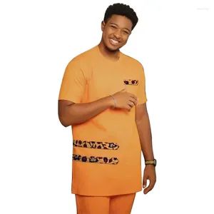 Survêtements pour hommes tenue traditionnelle africaine patchwork hauts avec pantalon solide orange manches courtes hommes ensembles sur mesure costume de marié nigérian