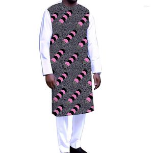 Survêtements pour hommes mariage africain manches longues hauts avec pantalon costume de marié blanc cire Patchwork chemise solide pantalon tenues de fête