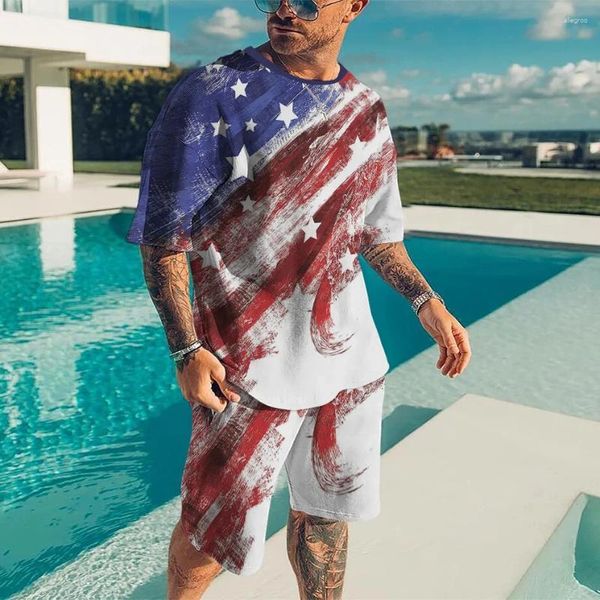 Chándales para hombres Bandera americana Impresión 3D Camiseta para hombre Conjunto Verano Casual O-Cuello Camisetas Pantalones cortos 2 Unids Moda Hombre Ropa Jersey Sudadera