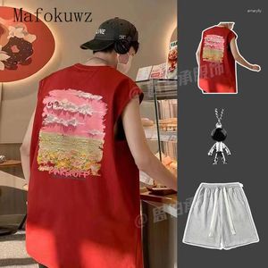 Survêtements pour hommes American Oil Painting Pink Broadband Tank Top Hong Kong Style 2023 Summer Dopamine Boys Wear High Street Rope Shorts Set