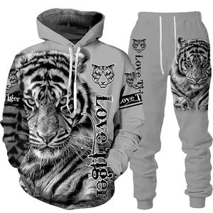 Tracksuits voor heren Animal 3D Tiger Gedrukte hoodie broek Pak Cool Men/Women 2 PCS Sportwear Tracksuit Set Autumn en Winter Men's Clothing 220826