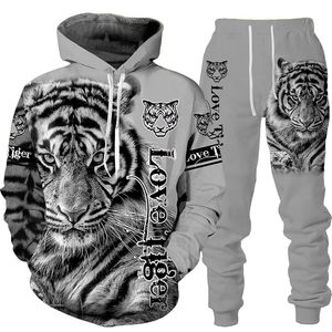 Chándales de los hombres Animal 3D Tigre Impreso Sudadera con capucha Pantalones Traje Cool Hombres / Mujeres 2 piezas Sportwear Conjunto de chándal Ropa de otoño e invierno 221128