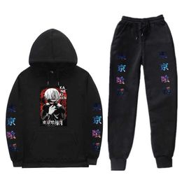 Survêtements pour hommes Anime Tokyo Ghoul costume de sport à capuche Harajuku Automne Hiver Imprimer Casual Hoodie Pantalon TwoPiece Sports G221011