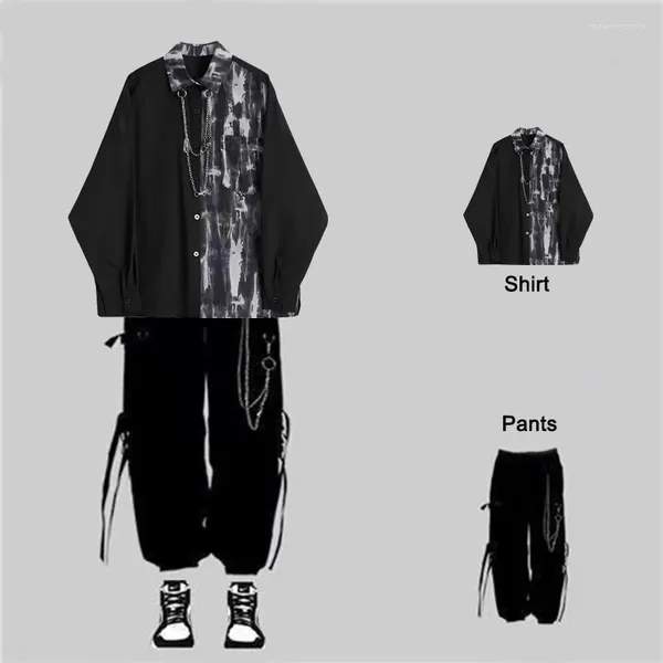 Parcours masculins Arens Techwear Strot Strot Spring Vintage Black Tie-Dye Chain de cargaison Pantage d'épissage de chemisier à manches longues pantalon à manches longues