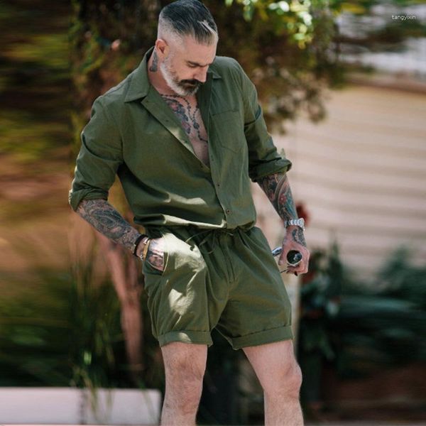 Survêtements pour hommes Armée Vert Combinaison Courte Été À Manches Longues Coton Lin Combinaisons Plaine Avec Boutons Casual Mode Plage Hommes Streetwear