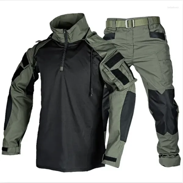 Parcours masculins Army Green Tactical Fents Hommes Vêtements militaires en plein air Tshirts Pantalons de cargaison de combat multi-poches costume à capuche