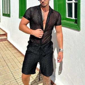 Trainingspakken voor heren Arrivals Heren Set Zomer Sexy See Through Lace-outfits Strandmode Lange mouwen Tops en shorts Tweedelige herenpakken