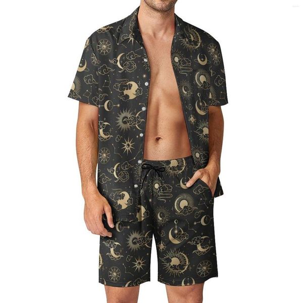 Survêtements pour hommes Astrologie Art Hommes Ensembles Lune Étoile Soleil À La Mode Chemise Décontractée Ensemble Short À Manches Courtes D'été Beachwear Costume Grande Taille