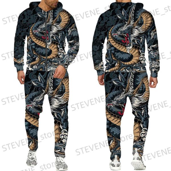 Survêtements pour hommes Automne 3D Oriental Dragon Dieu imprimé Pull à capuche pour hommes Ensemble mâle japonais Samurai Tattoo Zipper 3D Survêtement Hommes Vêtements Costume T231122