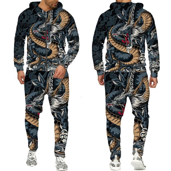 Socistas de canciones para hombres Autumn 3d oriental dragón dios estampado suéter con capucha para hombres samurai tatuaje cremallera 3d prendas de vestir para hombres set 230424