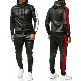 Survêtements pour hommes automne et hiver ensemble à capuche manteau en cuir verni à panneaux athlétique jogging décontracté deux pièces