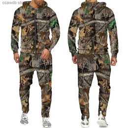 Survêtements pour hommes Automne et hiver Feuilles d'érable Camouflage 3D Zipper Survêtements Hommes Pêche en plein air Camping Chasse Ensembles Unisexe Streetwear Costumes T240110