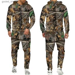 Survêtements pour hommes Automne et hiver Feuilles d'érable Camouflage 3D Zipper Survêtements Hommes Pêche en plein air Camping Chasse Ensembles Unisexe Streetwear Costumes Q231117