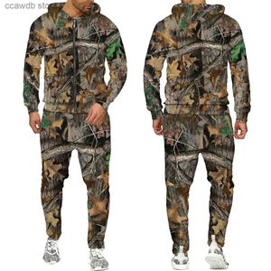 Trainingspakken voor heren Herfst en winter Esdoornbladeren Camouflage 3D Rits Trainingspakken Heren Buiten Vissen Kamperen Jagen Sets Unisex Streetwear Pakken T240110