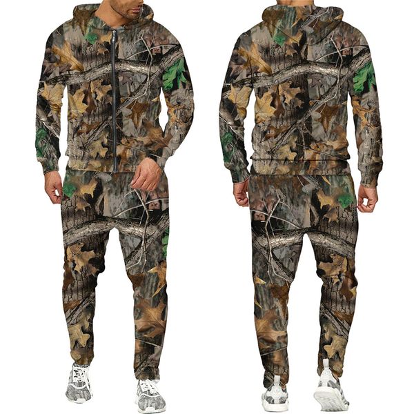 Survêtements pour hommes Automne et hiver Feuilles d'érable Camouflage 3D Zipper Hommes Pêche en plein air Camping Chasse Ensembles Unisexe Streetwear Costumes 230822
