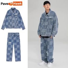 Heren trainingspakken herfst denim set heren dames geruite patchwork revers jas wijde pijpen rechte jeans heren casual los tweedelig pak unisex 231109