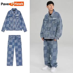 Heren trainingspakken herfst denim set heren dames geruite patchwork revers jas wijde pijpen rechte jeans heren casual los tweedelig pak unisex