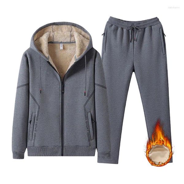 Chándales para hombres Otoño Invierno Conjuntos para hombres Cremallera Abrigos con capucha Pantalones 2 piezas Traje Cashmere Sportwear Fleece Espesar Trajes cálidos Masculino Casual