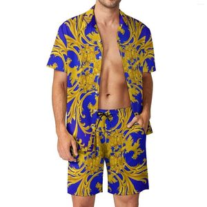 Chándales para hombres Conjuntos para hombres florales barrocos Conjunto de camisa casual azul y dorado Pantalones cortos de playa de moda Traje personalizado de verano Ropa de dos piezas de gran tamaño