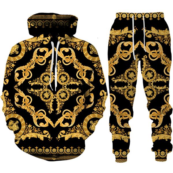 Survêtements pour hommes Style baroque Couronne imprimée en 3D Chaîne dorée Sweat à capuche / Pantalon / Costume Pull décontracté Sweat-shirt Pantalon Sportswear Ensemble de survêtement 230317