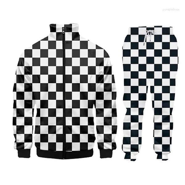 Chándales para hombres Tablero de ajedrez a cuadros en blanco y negro Ropa de calle informal Sudadera Pantalones Sudadera con capucha con cuello redondo 3D Jerséis Chándal para hombres/mujeres