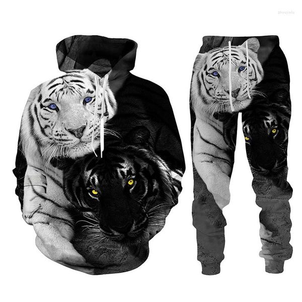 Survêtements pour hommes noir et blanc le tigre 3D imprimé hommes sweat à capuche ensemble Lion survêtement/pull/pantalon vêtements de sport automne