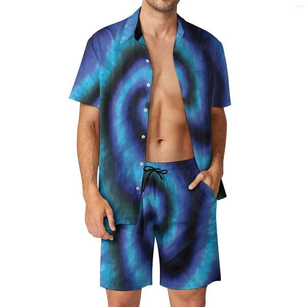 Saisies de survêtement masculines Tie noire Dye Men Set Blue Spiral Imprimé Shorts décontractés Shirt Set Summer Hawaiian Suit à manches courtes et à taille plus