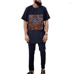 Survêtements pour hommes mélange de cire noire hauts pour hommes chemise patchwork pantalon solide hommes manches courtes costumes de marié tenues de fête de mariage africaines