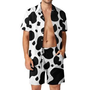 Survêtements pour hommes Noir Blanc Vache Imprimer Hommes Ensembles Taches Motif Chemise Décontractée Ensemble Hawaiian Fitness En Plein Air Shorts Costume D'été 2 Pièce ClothingM