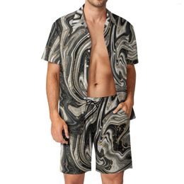 Survêtements pour hommes Noir Blanc Marbre Hommes Ensembles Tourbillon Moderne Imprimé Hawaii Chemise Décontractée Ensemble Manches Courtes Shorts Personnalisés Été Plage Costume Plus