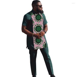 Heren Trainingspakken Zwartachtig Groen Set Patchwork Tops Met Broeken Afrikaanse Feestkleding Stijlvol Shirt met Korte Mouwen en Kraag Pakken voor de Bruidegom