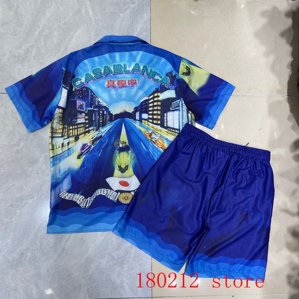 Chándales de los hombres Blue City Night Crazy Racing Printing Hawaii Shorts Shirt Set Hombres Mujeres CASABLANCA Beach Suit JAPÓN 230713